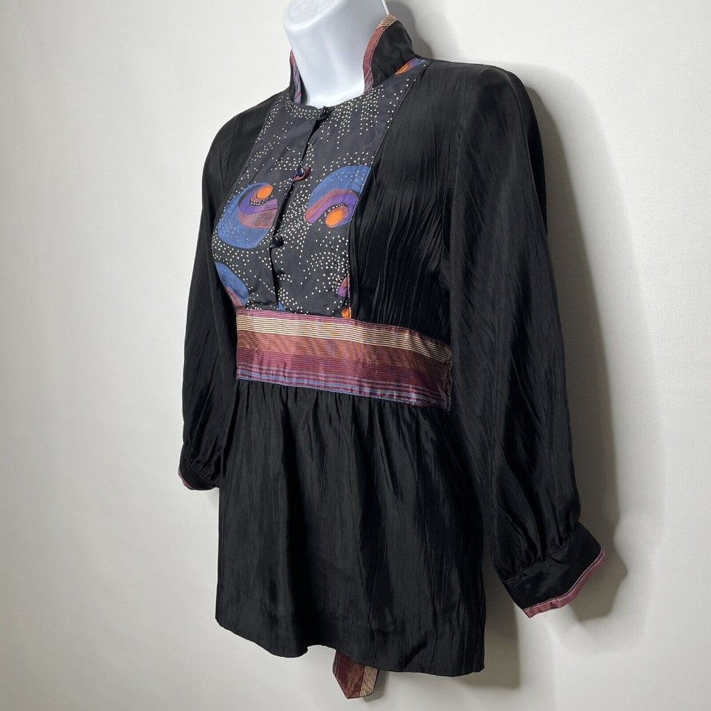 Vintage 70s Sharon's World Black Satin Balloon Sleeve Peasant Blouse Top - Picture 7 of 8